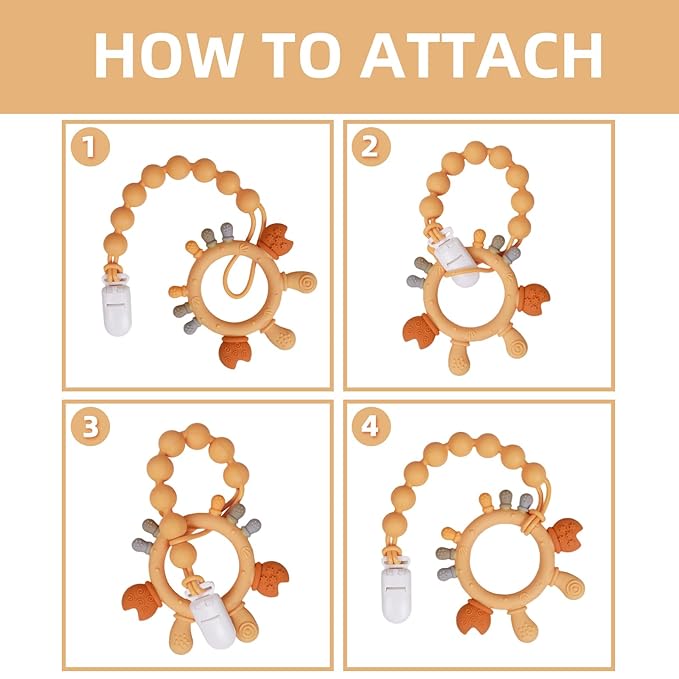 Baby Food Grade Silicone Teether Ring Toy with One Piece Design Pacifier Clip Holder,Teething Toys Gift Set for 3 Months+ Boys and Girls,Freezer Safe,BPA Free.(Yellow Crab)