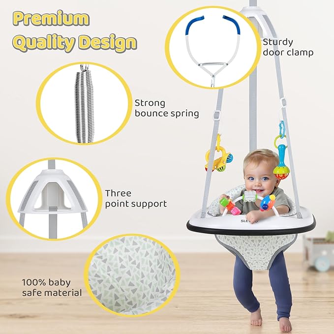 Slevoo Baby Jumper, Baby Door Jumper with Bumper, Play Tray and Two Jingle Rattles