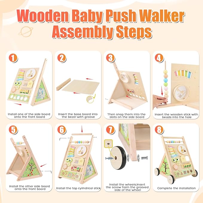 Wooden Baby Walker with Wheels Push Walker for Babies 6-12 Months Toddlers Montessori Walking Toys for 1 Year Old Learning to Walk Activity Center for 12-18 Months Boys Girls Gifts Color Sorting Toys