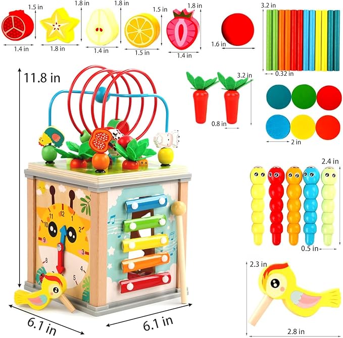 Toddlers Montessori Wooden Educational Toys, Wooden Baby Activity Cube,10 in 1 Carrot Pulling Baby Toy Gifts for 1+ Year Old Girls & Boys, Animal Shape Sorting Cube Toys for Kids