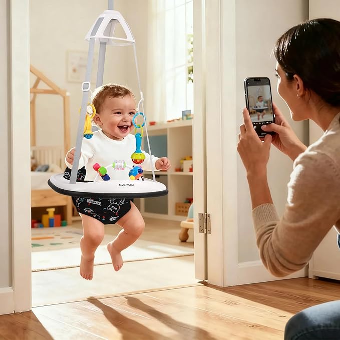 Slevoo Baby Jumper, Baby Door Jumper with Bumper, Play Tray and Two Jingle Rattles, Quiet Bear