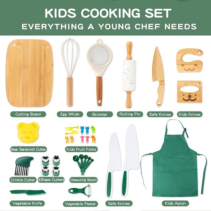 20 PCS Kids Safe Knife Set for Real Cooking, Montessori Kitchen Tools for Toddlers, Cooking & Baking Set for Little Chefs, Kids Kitchen Knife, Crinkle Cutter, Kid Apron for Girls Boys