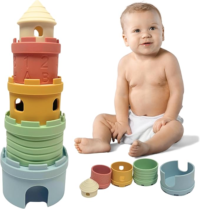 Castle Stacking Tower & Nesting Cups Baby Toys - 5-Piece Silicone Teething & Bathing Set - Fun, Educational & Early Learning Gift for Babies 6+ Months - BPA Free, Soft & Dishwasher Safe