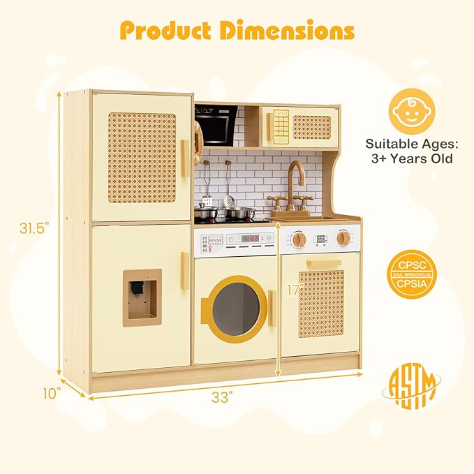 HONEY JOY Play Kitchen, Rattan Design Wooden Toy Kitchen Set for Toddlers, Stove with Lights & Water Dispenser, Range Hood, Cookware, Pretend Play Kids Kitchen Playset, Gift for Boys Girls (Yellow)