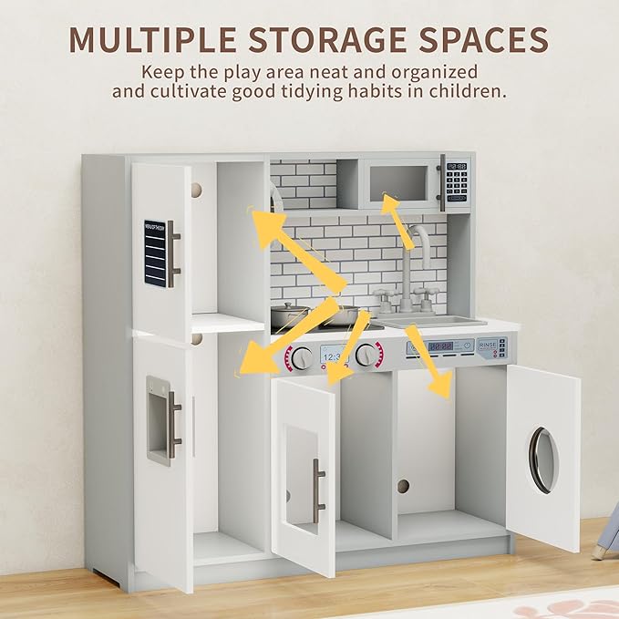 Kids Kitchen Playset with Lights & Sounds, Wooden Play Kitchen with Sink, Washing Machine, Ice Maker & Pretend Play Accessories, Educational Toy Kitchen Set for Toddlers, White