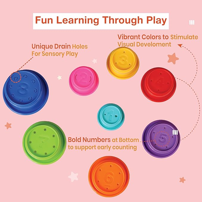 Colorful Stacking Cups for Babies and Toddlers, 8 PCS Nesting and Stackable Cups for Bath, Beach, Montessori Play, Early Learning and Fine Motor Skill Development - 8 Count