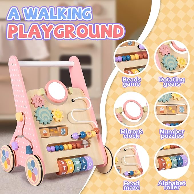 Wooden Baby Walker, Push Walker for Baby Girl 6-12 Months, Montessori Walker Push Toy for Toddlers Learning to Walk