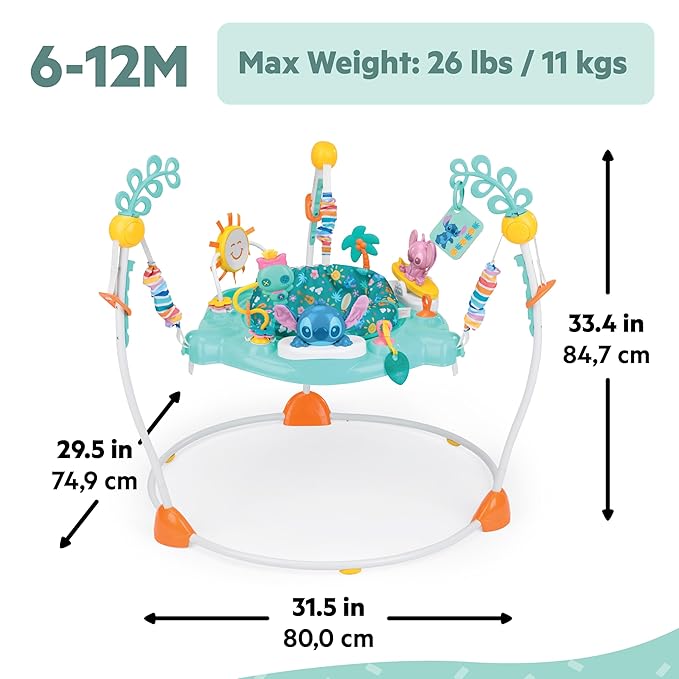 Bright Starts Disney Stitch Little Ohana Baby Activity Jumper with Interactive Toys, Lights & Music with Stitch, Angel & Scrump, 6-12 Months (Blue)