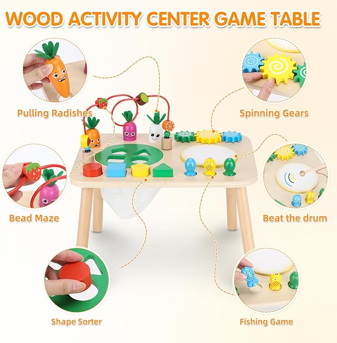 Activity Table for 1+ Year Old, 7 in 1 Wooden Montessori Activity Center Play Table with Drum, Bead Maze Shape Sorter Fishing Game, Kids Sensory Educational Toddler Learning Toys 1st Birthday Gifts