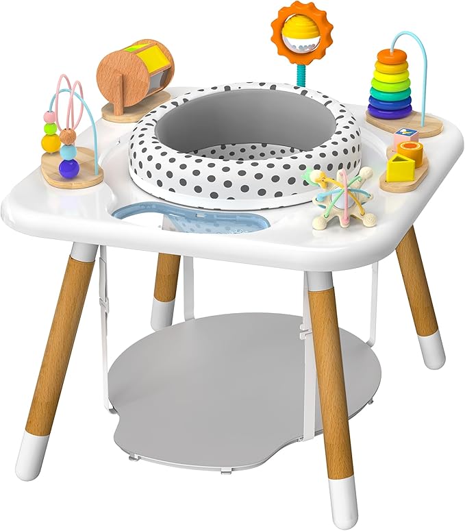 Kizfarm Baby Activity Center, Montessori-Inspired Baby Bouncer with 7 Interactive Toys, 360° Rotating Seat, Wooden Jumper, Play Gym & Toddler Table for Ages 6-36M, Must-Have Shower Gifts