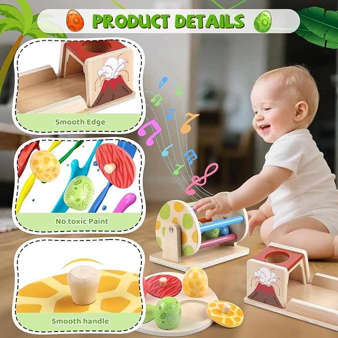 Montessori Toy Wooden Baby Toy Dinosaur Egg Toy, Spinning Drum, Object Permanence Box Ball Drop Toy, Stacking Matching Shape Puzzle Game Early Learning Gift Christmas Birthday for Toddlers