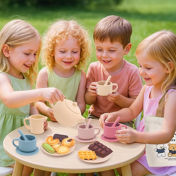 Silicone Tea Party Set for Little Girls Kids Toddlers Tea Set with Tea Pot Cups Food Pretend Play Kitchen Accessories Christmas Birthday Gift for Girls Age 3 4 5 6 Year Old Toys