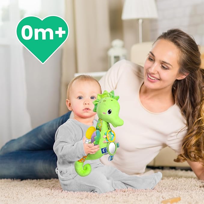 Sumobaby Infant Baby Musical Stuffed Animal Activity Soft Toys with Multi-Sensory Crinkle, Rattle and Textures, for Tummy Time Newborn 0-3-6-12 Months Girls,Seahorses - Green with Baby Mirror