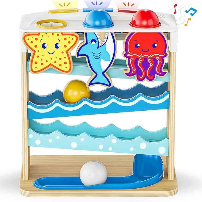 Move2Play, Wooden Ocean Friends | 30+ Fin-Tastic Songs & Phrases | Baby & Toddler Musical Toy | First Birthday Present for 1+ Year Old | Ages 6-24 Months | Boy & Girl Ball Drop Toy