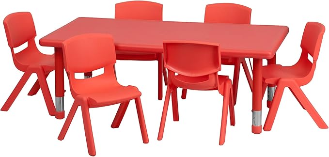 Flash Furniture Emmy 24''W x 48''L Rectangular Red Plastic Height Adjustable Activity Table Set with 6 Chairs