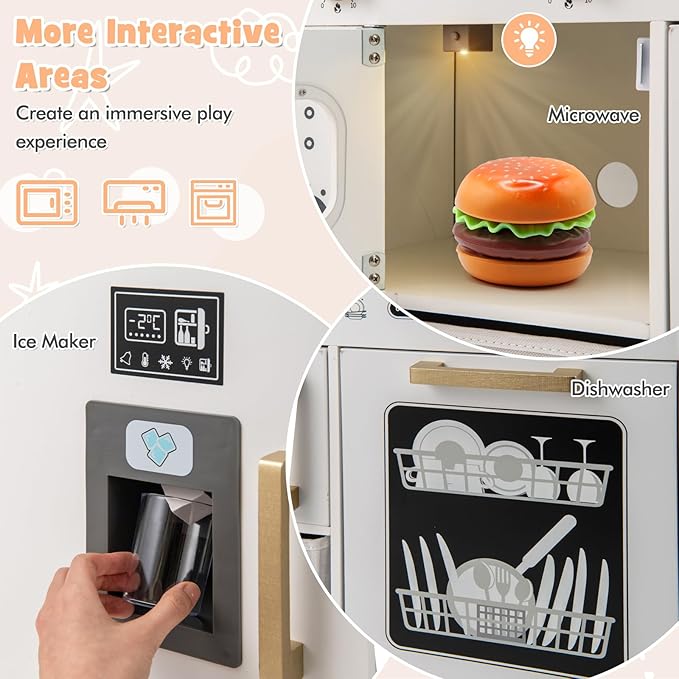 HONEY JOY Kids Kitchen Playset, Wooden Toy Kitchen Set with Lights & Sounds, Microwave, Ice Maker, Storage Box, Interactive Little Chef Pretend Play Kitchen for Toddlers, Gift for Boys Girls (White)