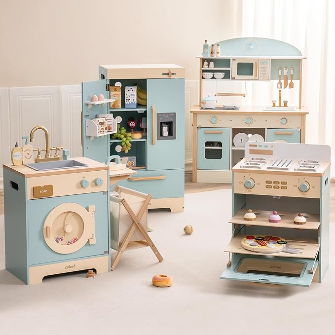 ROBUD Wooden Play Kitchen Set, Kids Toy Kitchen Set with Realistic Design, Utensils, Ice Maker, Fridge, Oven, Washer, Modern Style Play Kitchen with Accessories, Ideal Gift for Boys & Girls, Blue