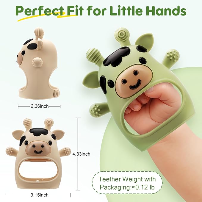 TOHIBEE 2 Packs Baby Teething Toys for 0-6 6-12 Months, Food Grade Silicone Adjustable Cow Teething Mitten, Chew Teether Toys for Teething Pain Relief, Baby and New Born Essentials, Green & Beige