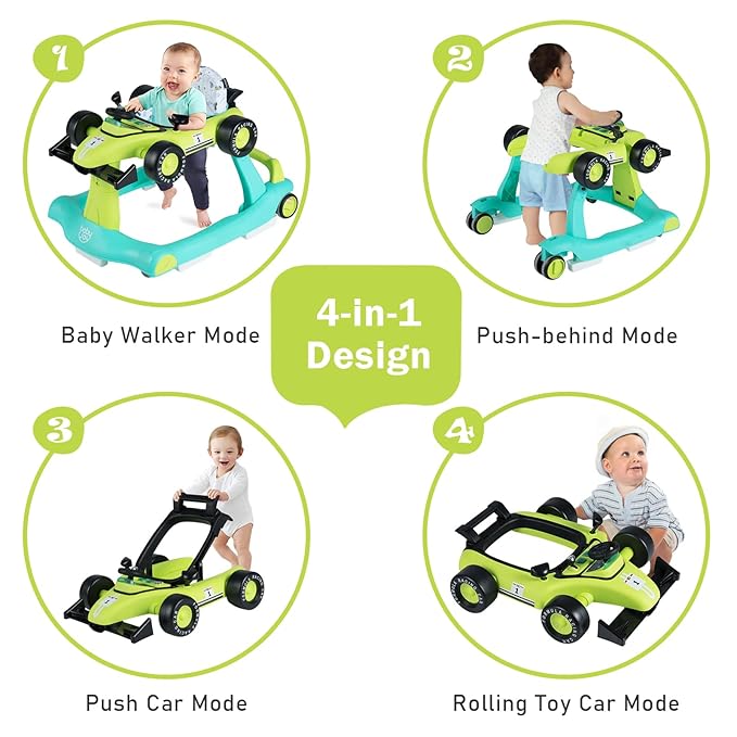 BABY JOY 4-in-1 Baby Walker, Foldable Activity Walker with Adjustable Height & Speed, Music, Lights, Anti-Rollover, Toddler Push Walker, Baby Walker with Wheels for Boys Girls 6-18 Months (Green)
