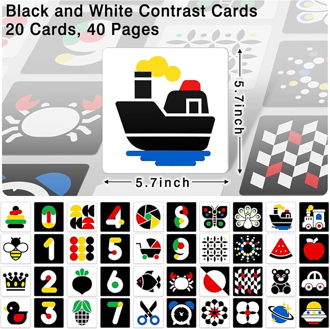 High Contrast Baby Flashcards, Black White Baby Cards with Red Yellow Blue Newborn Toys for Infants Visual Stimulation Brain Sensory Development 20 Pcs 40 Pages 5.7'' x 5.7''(3-6 Months)
