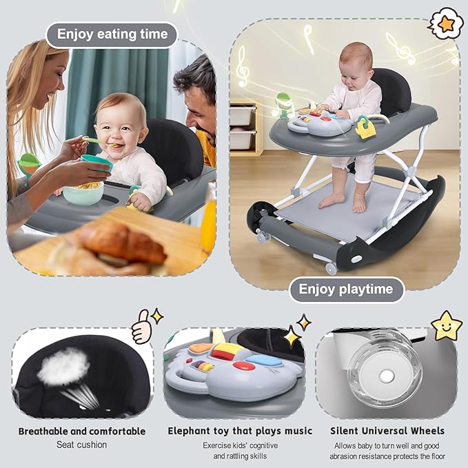5 in 1 Foldable Baby Walker,Activity Baby Walker-Baby Bouncer,Rocker,Activity Center,Seat and Push Walker,Detachable Footrest Mat,Adjustable Speed Rear Wheels and Height,Ages 6-18 Months (Black)