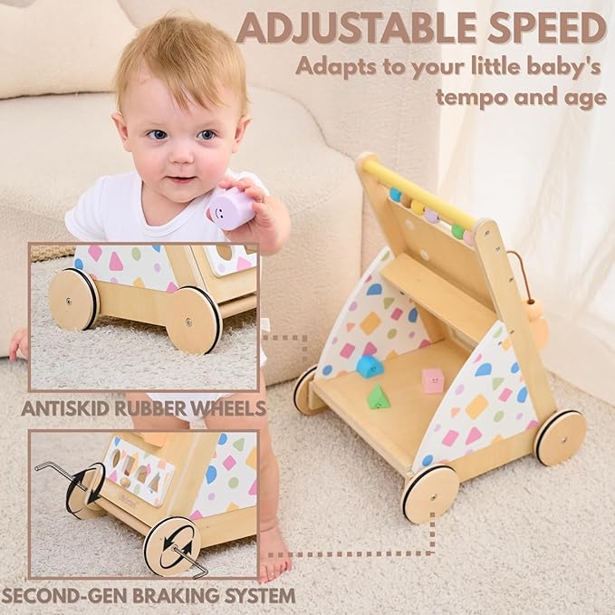 Wooden Baby Walker, Montessori Push Walker｜Busy Board for Fine Motor Skill Development｜Upgraded 2.0 Brake System Speed Control & Full Stop｜Baby Walker with Wheels for Boys and Girls 1+yr
