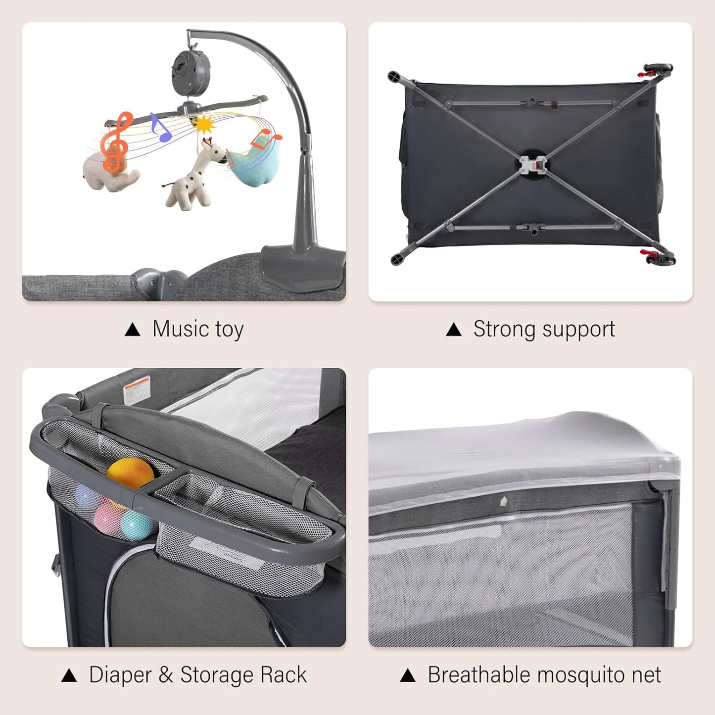 5 in 1 Baby Bassinet, Bedside Cribs, Pack and Play Changing Table, Portable Travel Baby Bassinet Toys & Music Box,Mattress for Girl Boy Infant Newborn (Grey)