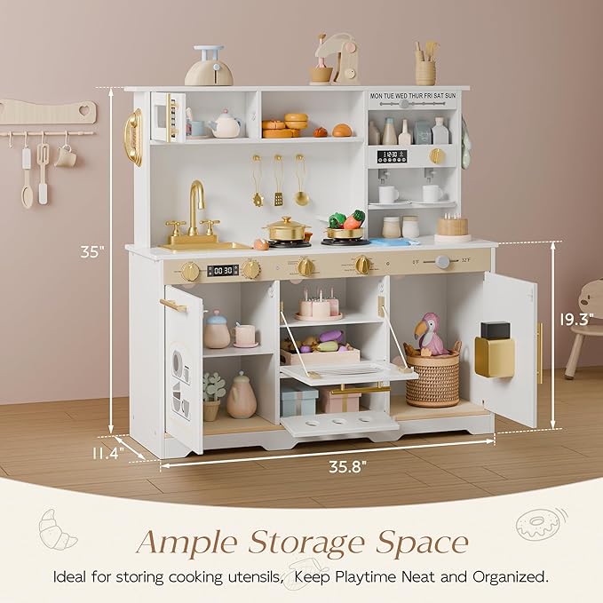 Play Kitchen Set, Kids Kitchen Playset with 21 Fun Accessories, Toy Kitchen Set with Realistic Appliances, Smart Storage, Wooden Play Kitchen for Kids, Gift for Ages 3+ (White & Gold)