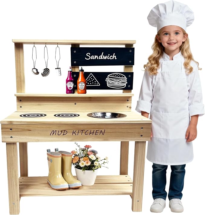 Wooden Mud Kitchen, Outdoor Play Kitchen with Sink, Blackboard, Storage Shelves and Kitchen Accessories, Fir Wood Pretend Kitchen for Boys and Girls