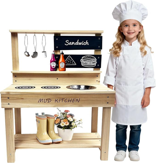 Wooden Mud Kitchen, Outdoor Play Kitchen with Sink, Blackboard, Storage Shelves and Kitchen Accessories, Fir Wood Pretend Kitchen for Boys and Girls