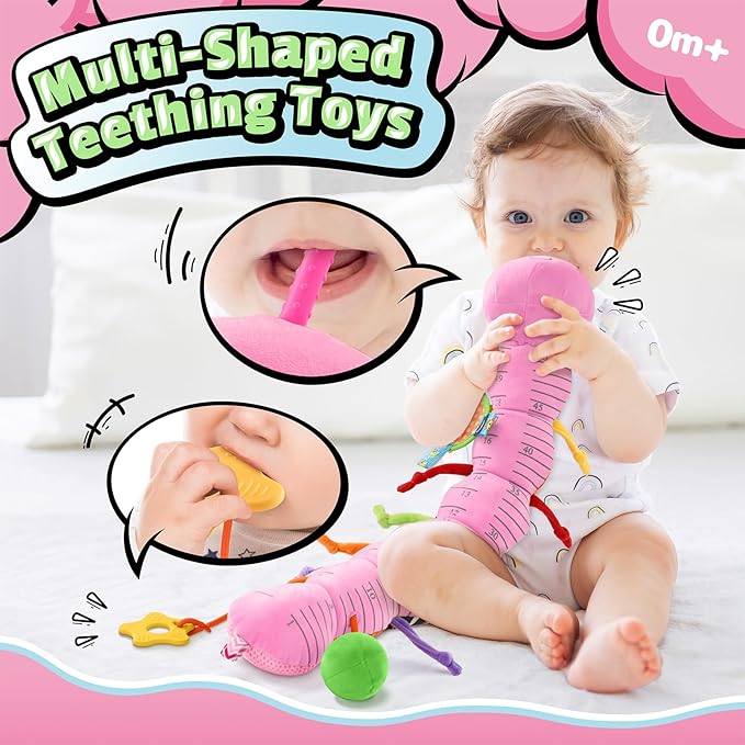 LIGHTDESIRE Baby Toys Musical Caterpillar,Infant Toys 3 6 12 Months Sensory Toy with Ruler Design,Mirror,Pull String,Crinkle&Ring Bell,Baby Teething Toy for Tummy Time Boy Girl Gifts (Rose Pink)