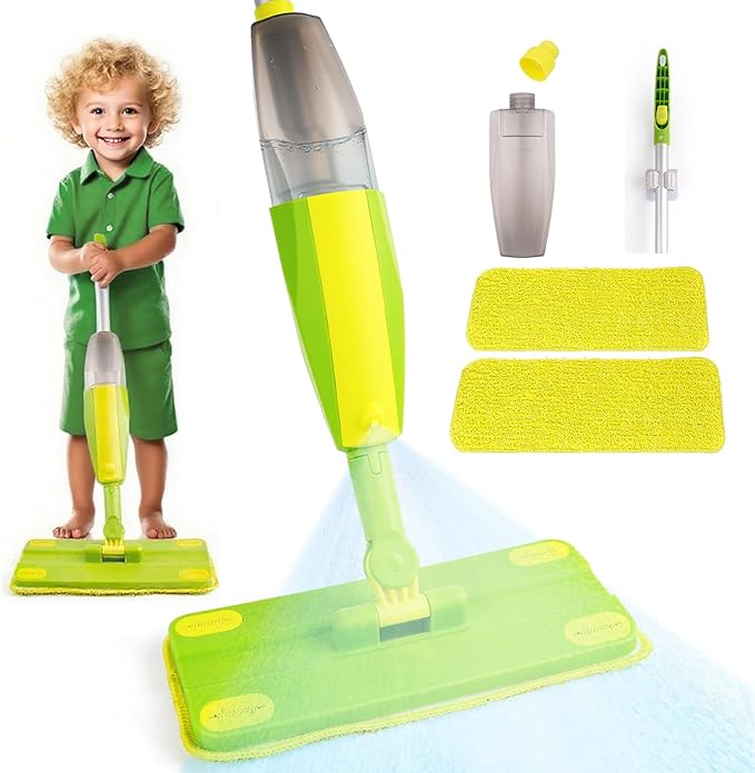 Kids Spray Mop, Fun & Functional Toddler Mop Cleaning Set,Real Working Mini Mop, Pretend Play Toy –Includes Spray Bottle,Washable Microfiber Pads, Montessori Kids Cleaning Toy Set -Green