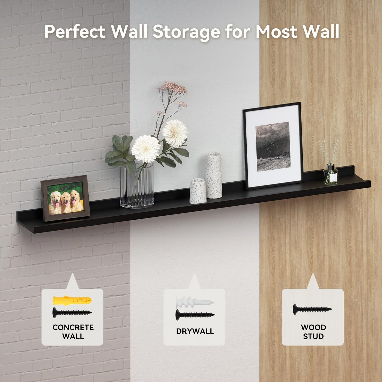 47.2 Inches Long Floating Shelves Wall Mounted, 2 Set Modern Wall Shelf for Bedroom, Nursery Book Shelf with Lip, Picture Ledge Shelf for Wall Decor Living Room Bathroom Kitchen - Black