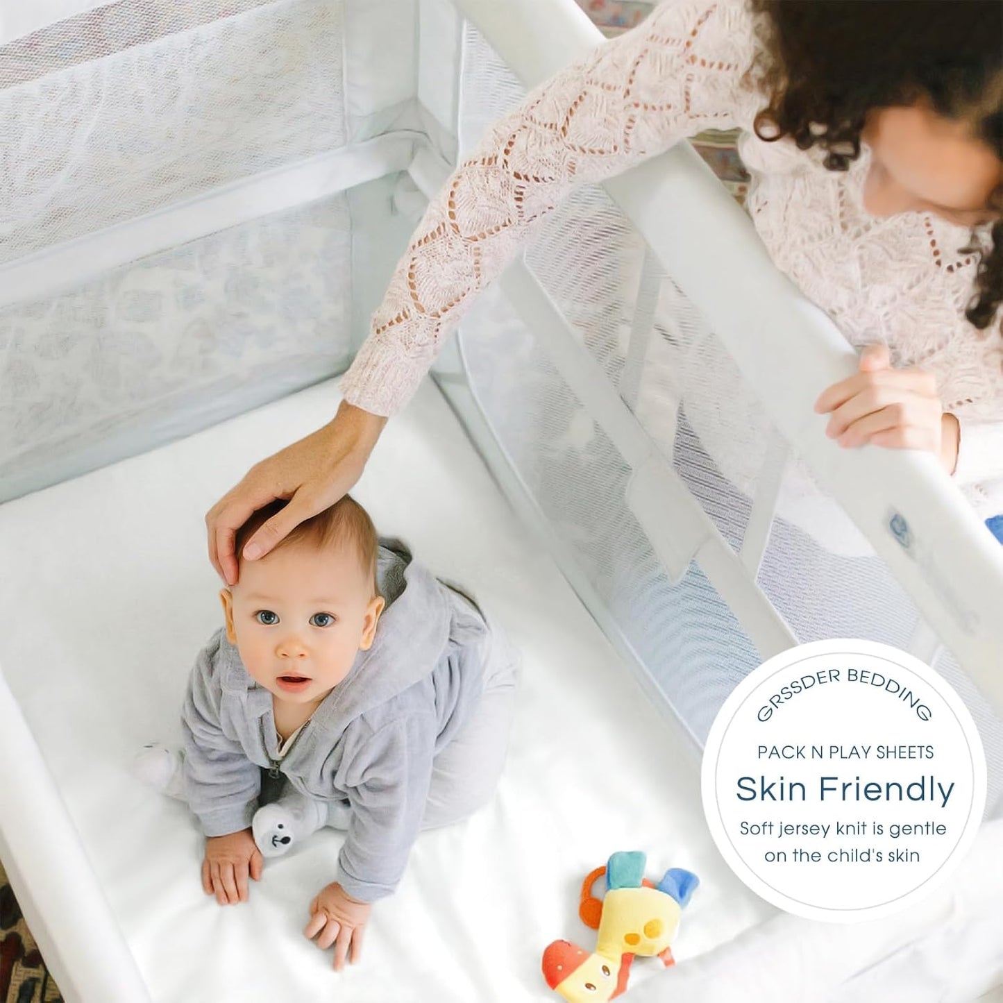 GRSSDER Mini Crib Sheets Fitted, Pack and Play Sheets 2 Pack, Ultra Soft Stretchy Pack N Play Sheets, Universal Fit for Playard Mattress, Jersey Crib Sheets Neutral for Boys and Girls, Gray/White