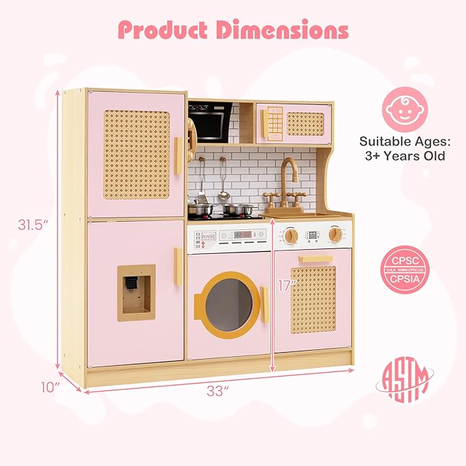HONEY JOY Play Kitchen, Rattan Design Wooden Toy Kitchen Set for Toddlers, Stove with Lights & Water Dispenser, Range Hood, Cookware, Pretend Play Kids Kitchen Playset, Gift for Boys Girls (Pink)