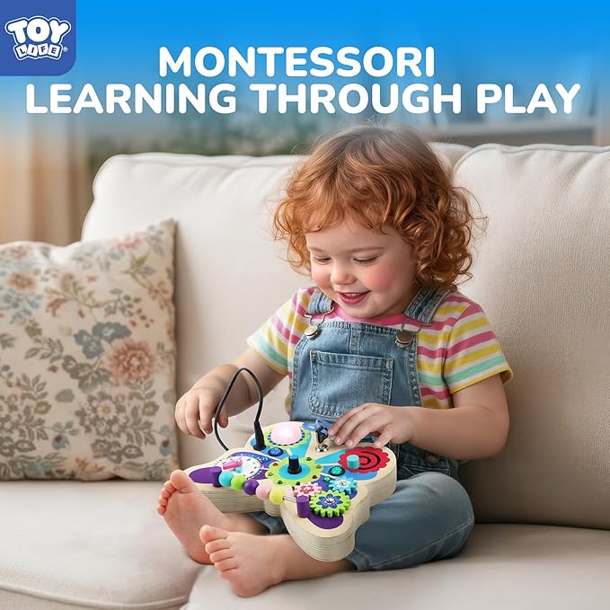 TOY Life Montessori Busy Board, Wooden Butterfly Sensory Board Toys for Toddlers with LED Light Up Switchs, Baby Fidget Boards Travel Toys, Christmas Birthday Gifts for 1+ Year Old Girls Boys