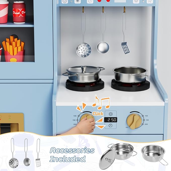 MAMIZO Wooden Play Kitchen for Kids, Toddler Toy Kitchen Playset, Large Interactive Pretend with 6 Kitchenware, Realistic Water Dispenser & Hood w/Lights & Sounds, Sink, Stove, Oven, Microwave (Blue)