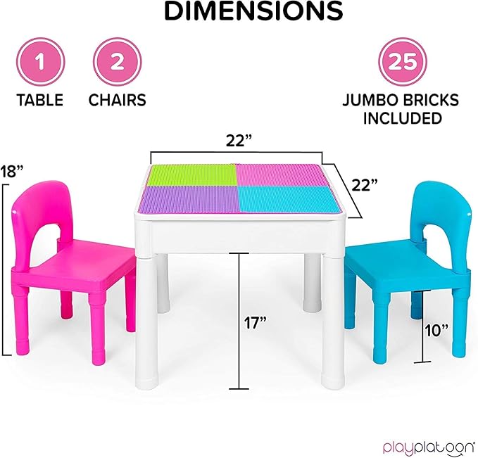 Play Platoon Kids Table and Chairs Set, Toddler 5 in 1 Pastel Activity Table - Sensory, Water, Art, Picnic, Blocks with Storage for Girls Ages 2 to 8 - with Pink and Blue Chairs