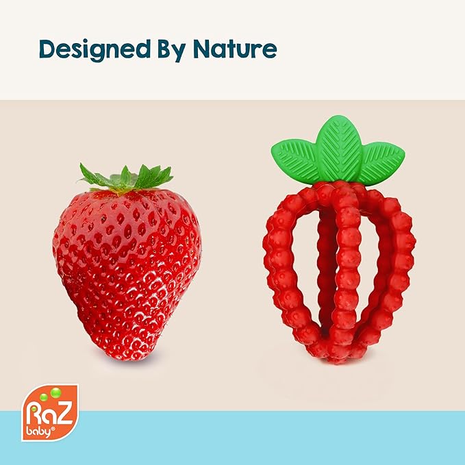 RaZbaby Bites Silicone Baby Teething Toy – Sensory Toy with Textured BerryBumps for Teething Relief, Easy-to-Hold Fruit Shape, BPA-Free, Soothes Front & Back Teeth – Gift for Babies, 3 Months+, Red