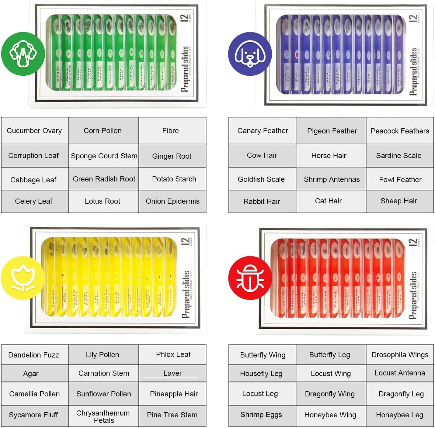 48Pcs Prepared Microscope Slides Specimen Animals Plants Flowers Sample Biological Specimen, Stereo Microscope Slide for Kids Children Students Enlighten Education