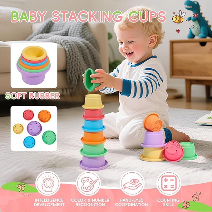 Toddler Bath Toys for Kids Ages 1-3, 17PCS Easy Clean & Colorful Mold Free Bath Toys for Babies 6-12 Months with Educational Stacking Cups Fun Bathtub Pool Water Toys for Toddler 2-4 Stocking Stuffers