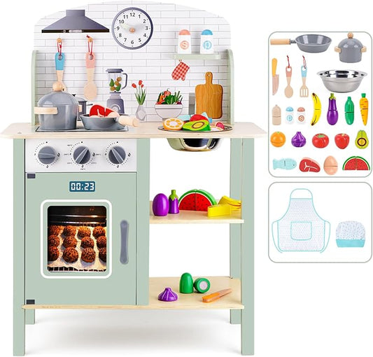 Wooden Play Kitchen for Toddlers 1-3, Kids Children Pretend Toy Kitchen Playset, Toys Kitchen with Realistic 24 Pieces Toy Accessory, Cutting Play Food Toys Gifts for Ages 3-8 Girls Boys