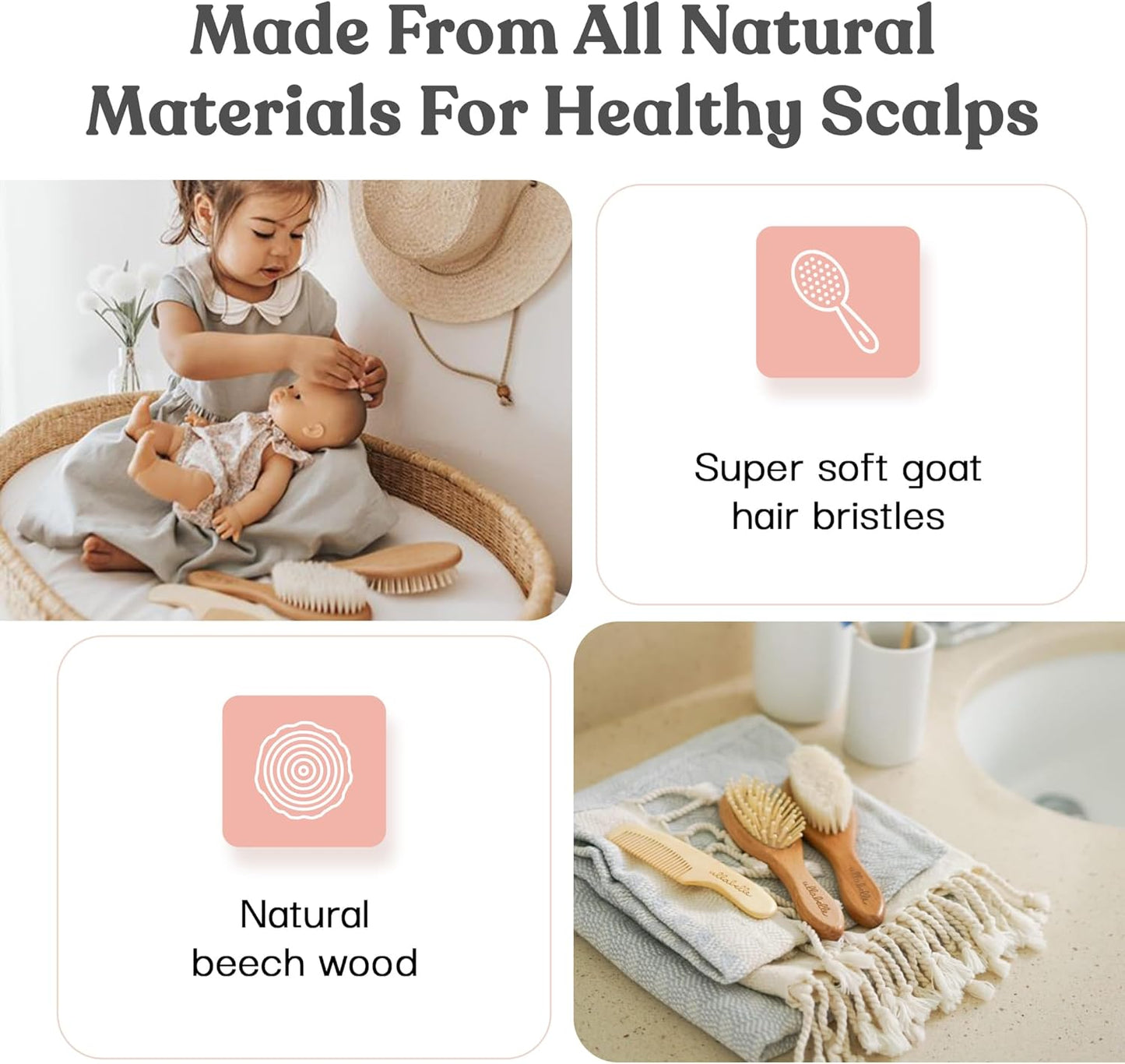 4 Piece Wooden Baby Hair Brush and Comb Set for Newborns & Toddlers in Chic Gift Box - Ultra Soft Natural Goat Hair and Wood Baby Brush Set Prevents Cradle Cap - Perfect Registry Gift (Pink)