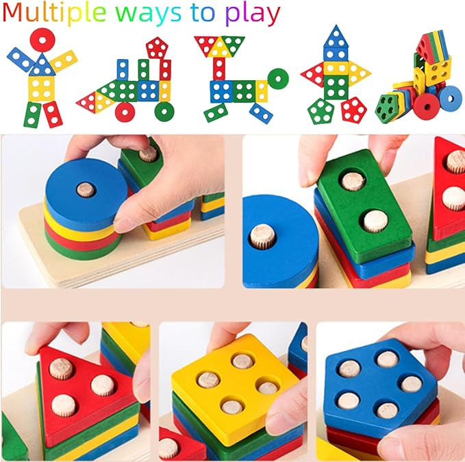 Shape Puzzles Wooden Color Sorting Toys for Toddlers 3 4 5 Year Old Matching Shape Sorters Toy Wooden Blocks Learning Educational Toys for Boys Girls Classroom Birthday Easter Gifts