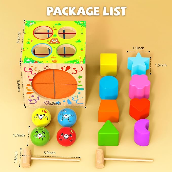 4-in-1 Montessori Toys for 1+ Year Old - Shape Sorting Activity Cube, Hammer Pounding Game, Baby Blocks & Sensory Toys for Toddlers 1-3, Wooden Toy Gift for 1 Year Old Boys and Girls