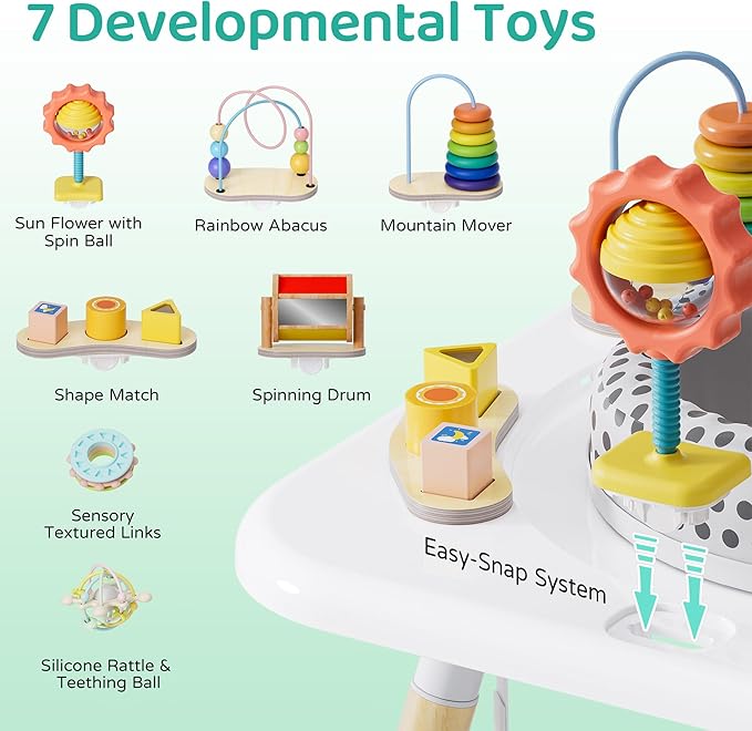 Kizfarm Baby Activity Center, Montessori-Inspired Baby Bouncer with 7 Interactive Toys, 360° Rotating Seat, Wooden Jumper, Play Gym & Toddler Table for Ages 6-36M, Must-Have Shower Gifts