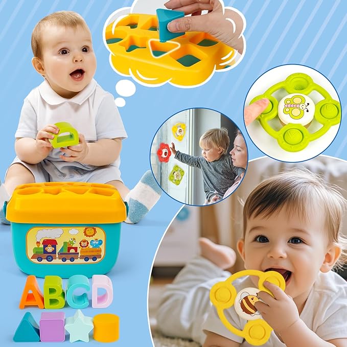 Montessori Toys for Babies Ages 6–12–18 Months with Sensory Shape Sorter Matching Game Box Stacking Cups Soft Ring, Building Blocks, Spinner Developmental Learning Toys for Toddlers 1+ Year Old