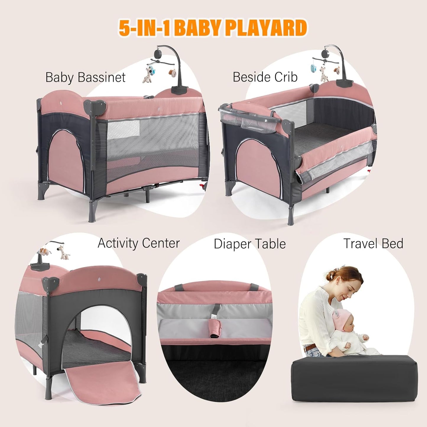 5 in 1 Baby Crib,Baby Bassinet, Bedside Cribs, Pack and Play with Changing Table, Portable Travel bedToys & Music Box,Mattress for Girl Boy Infant Newborn (Pink)
