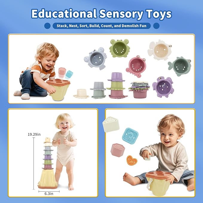 Stacking Toy for Toddler 1-3, 4 in 1 Montessori Sensory Toys, Shape Sorter for Sand Bath Play, Infant Learning Color Sorting Toy for Fine Motor Skills, Birthday Gift for Baby Boys Girls 1 2 3