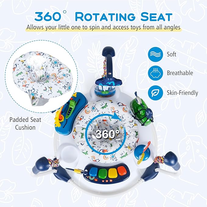 BABY JOY Baby Activity Center, Baby Jumpers and Bouncers with Music, Lights, 360° Rotating Seat, 3 Adjustable Heights, Montessori-Inspired Activity Center for Baby 6 Months + (Blue)